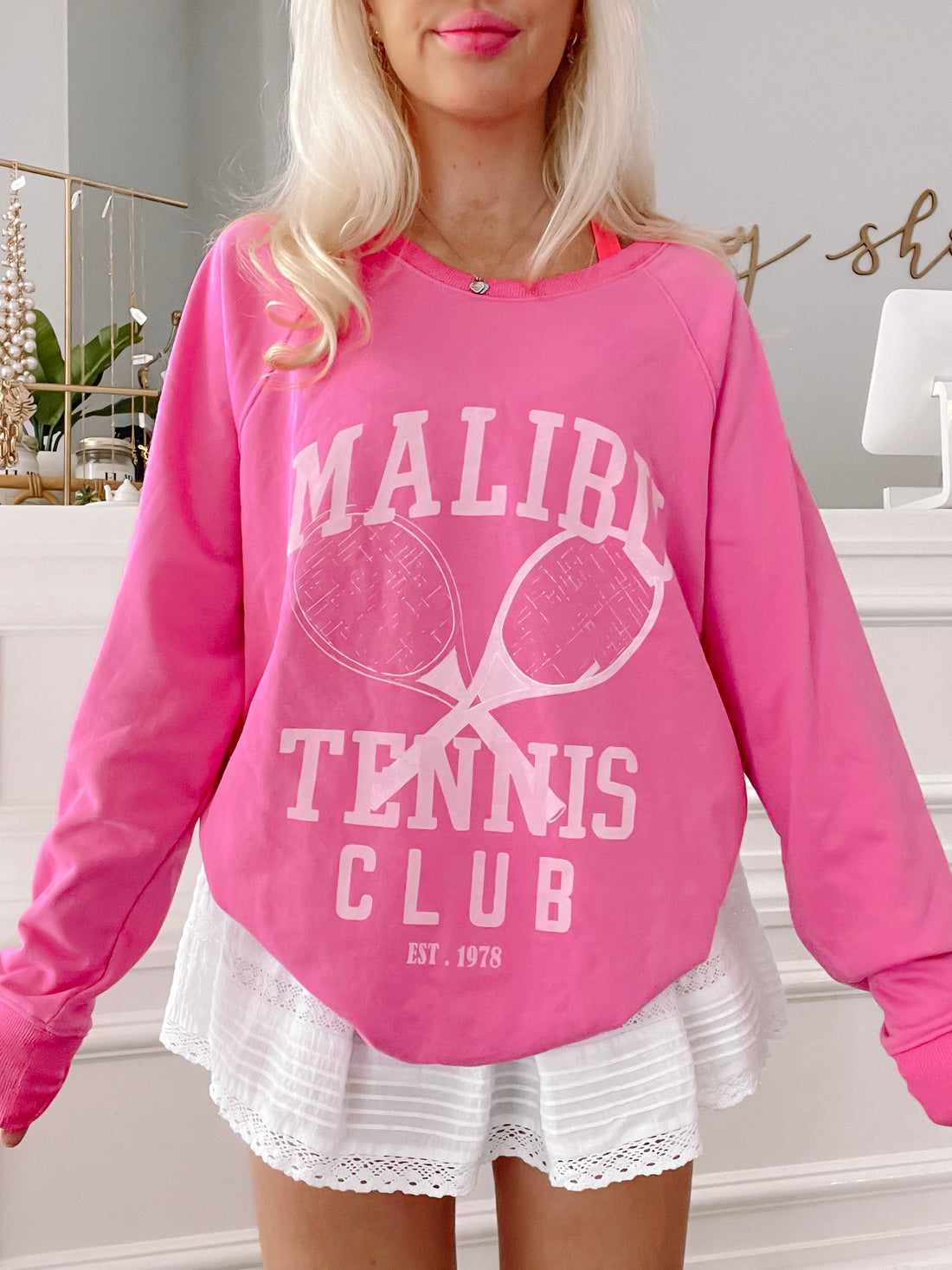 Malibu Tennis Club Crewneck Sweatshirt, hot pink, features tennis racquet graphic, Est. 1978
