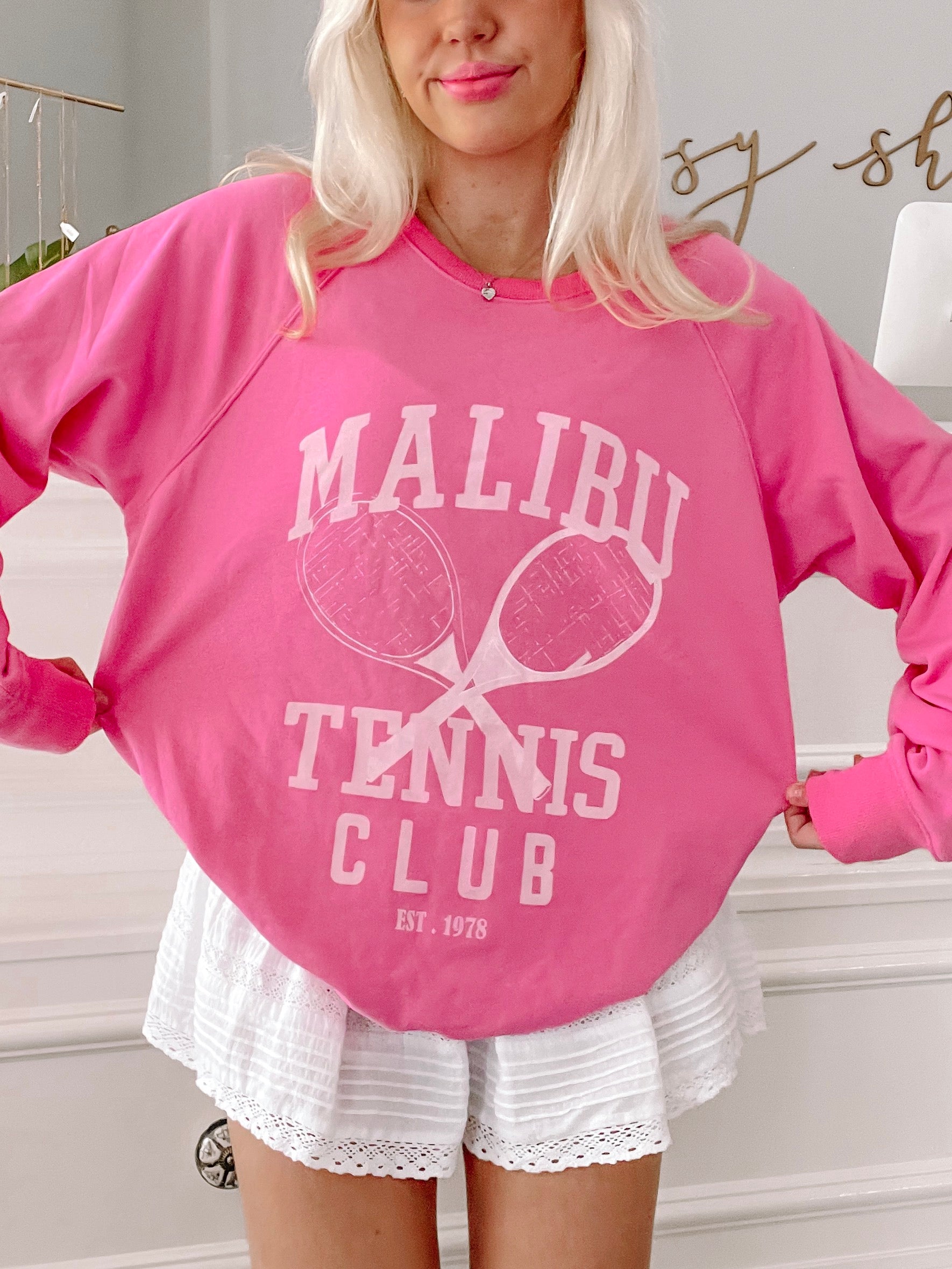 Malibu Tennis Club Pink Crewneck | Sassy Shortcake Boutique | sassyshortcake.com