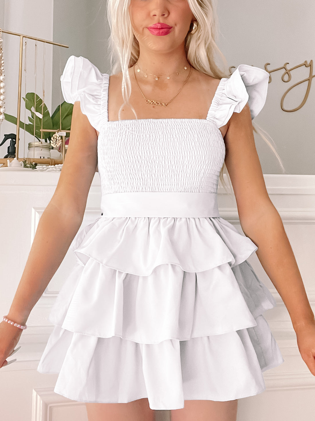 White Sweet Sorbet tiered ruffle mini dress with puff sleeves
