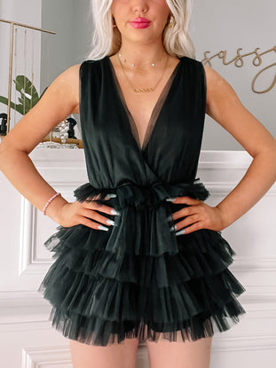 Black All Tulle Well Romper:  layered tulle, v-neck, sleeveless.
