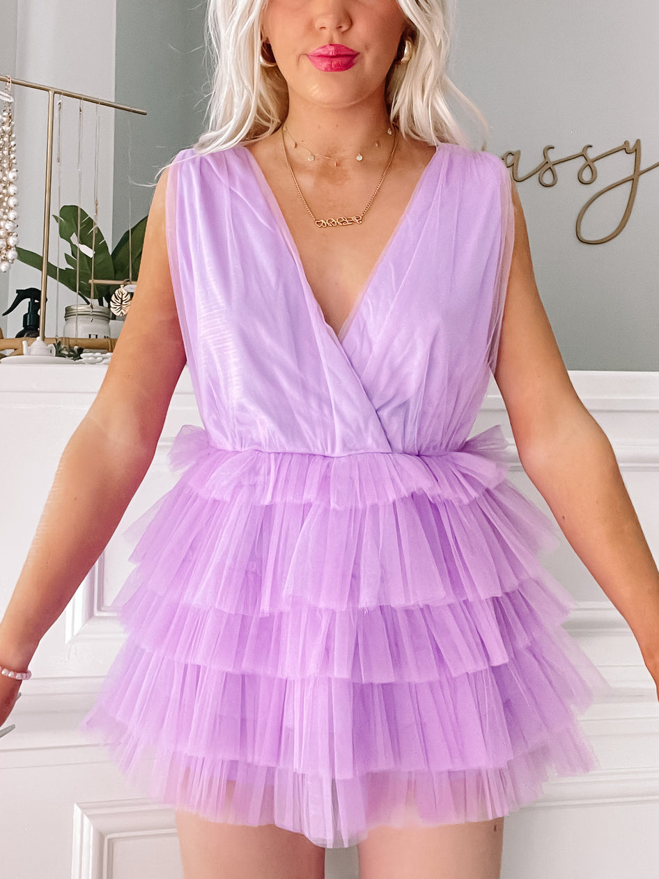 Lilac All Tulle Well Romper:  layered tulle romper, v-neck, sleeveless, perfect for parties.
