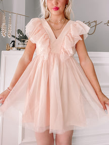 Blush pink Angel Attitude dress;  ruffled short sleeves, tulle skirt.
