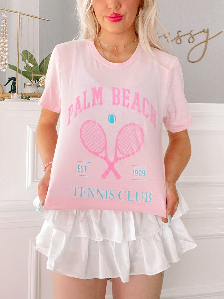 Palm Beach Tennis Club Preppy Pink Tee: Pink ombre tee with tennis racquets & ball graphic.
