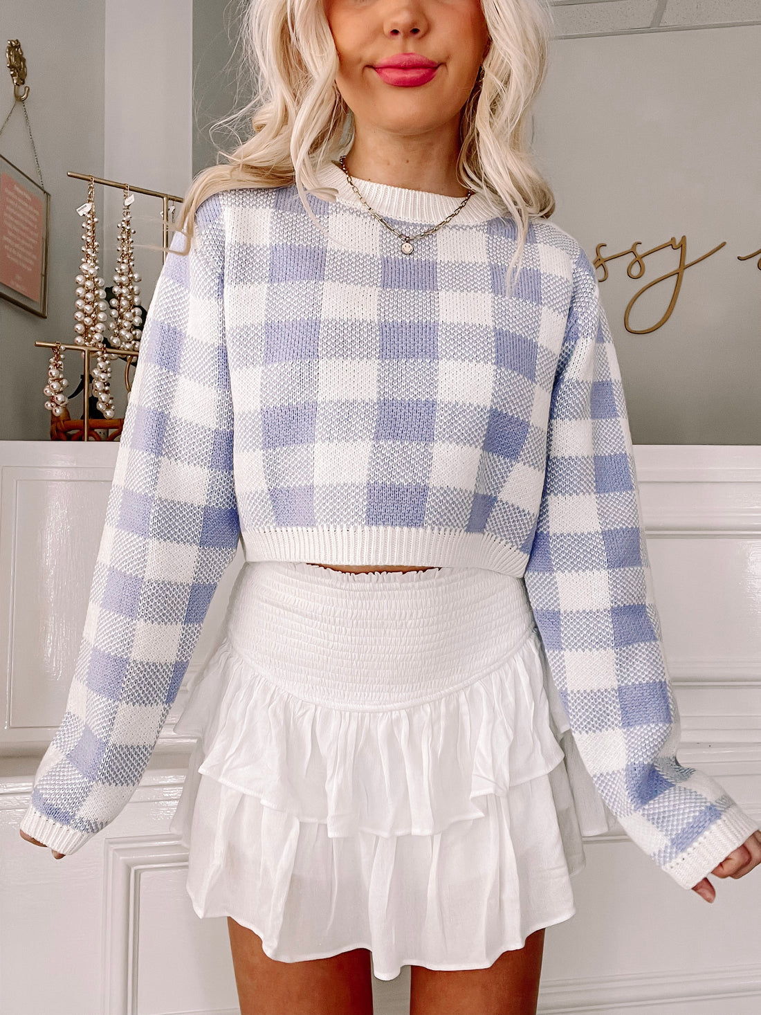 Lavender Check Point cropped sweater in a soft, comfy knit
