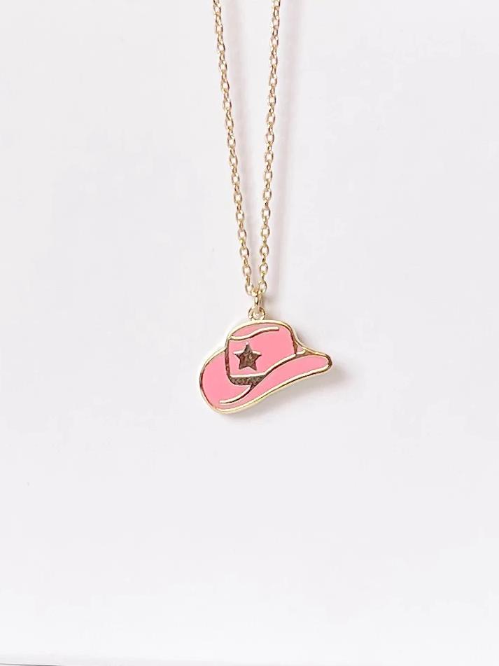 Pink Cowgirl hat necklace with gold chain
