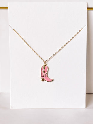 Pink Rodeo boot necklace with gold chain

