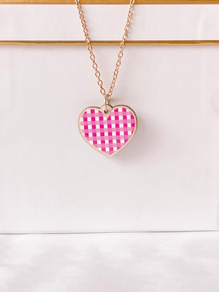 Pink gingham heart necklace with gold chain
