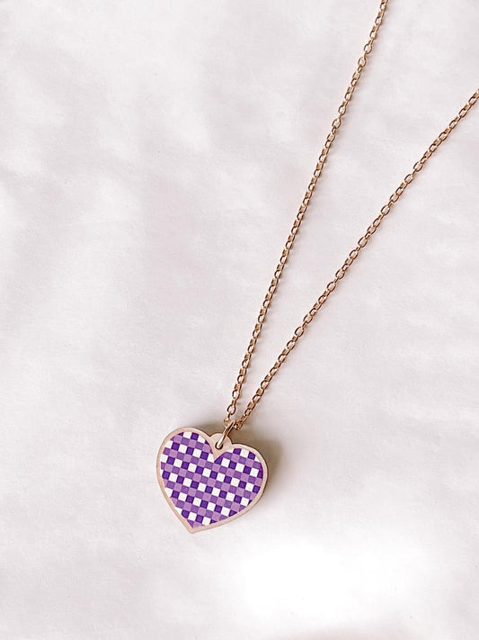 Gingham Love Necklace, Violet: Purple gingham heart pendant on gold chain.
