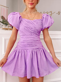 Purple Dear Lover puff-sleeve mini dress with ruched bodice
