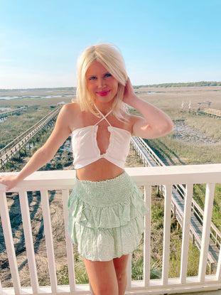 Mint green tiered ruffle mini skirt, Animal Mint Pinkalicious Skirt, perfect for summer.
