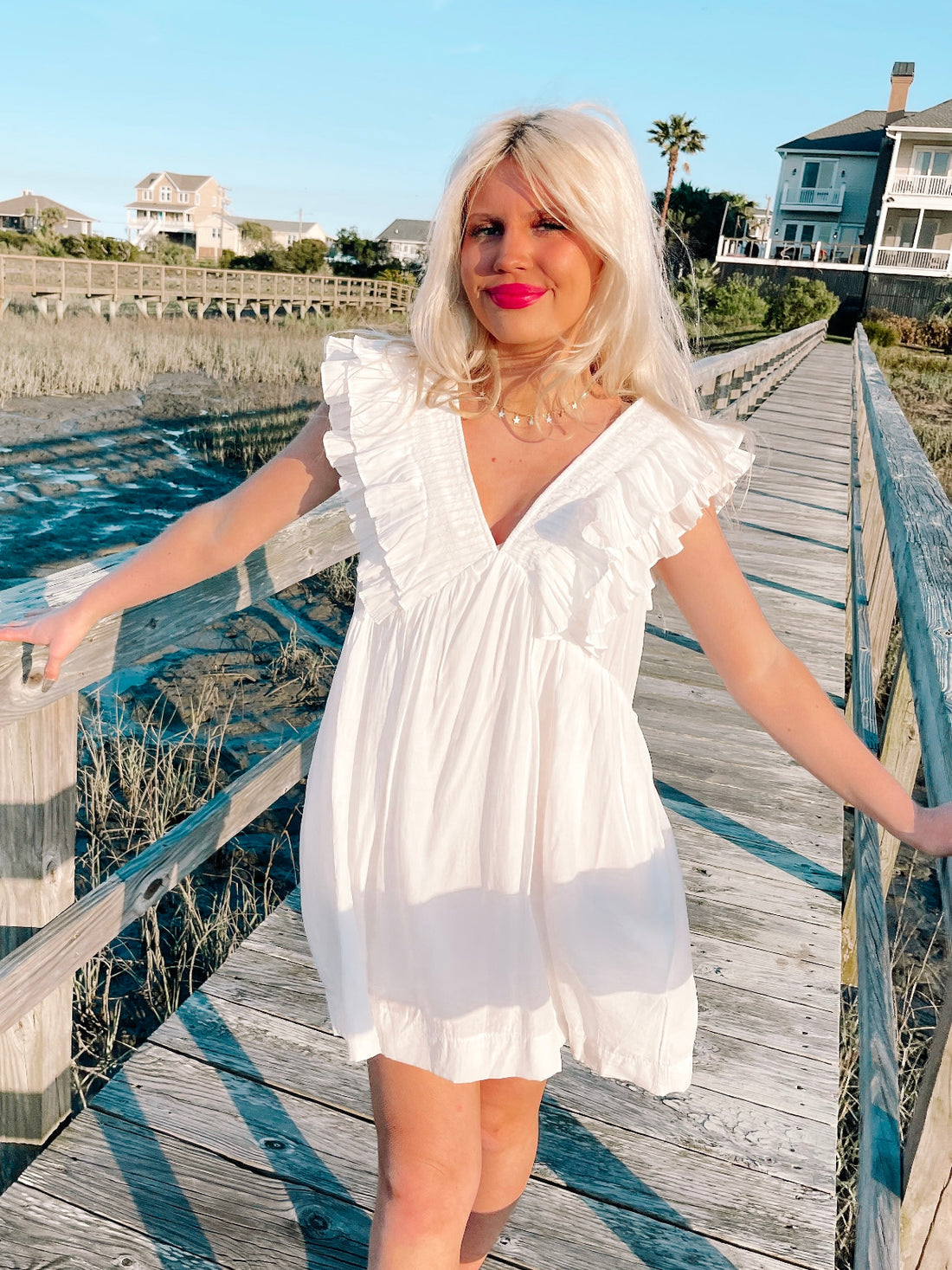 White Heart Flutter mini dress with ruffle detailing; perfect summer style from Sassy Shortcake
