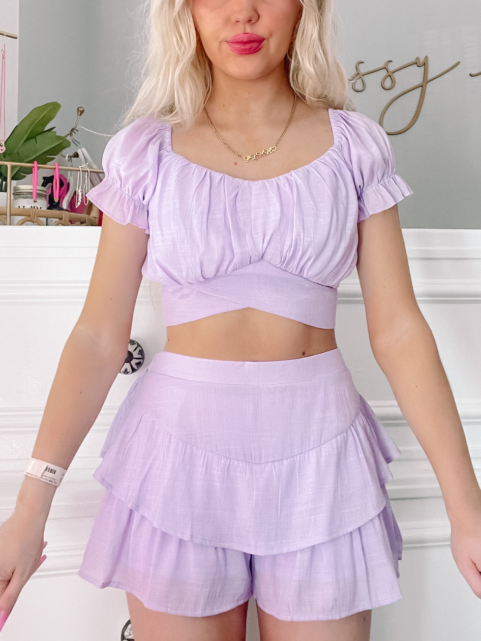 Lilac Sloane Set:  Puff-sleeve crop top and ruffled shorts.
