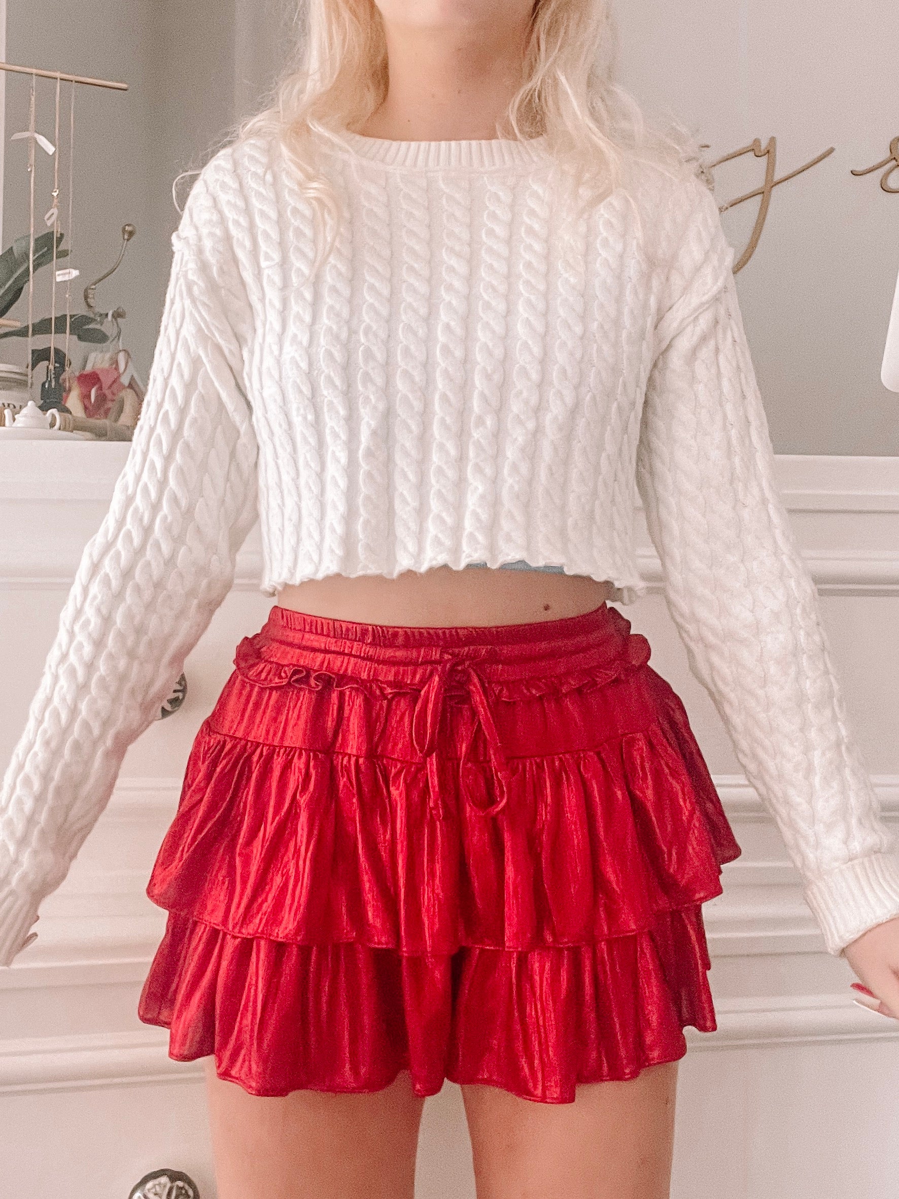 Flirtatious Red Ruffle Shimmer Skirt | Sassy Shortcake | sassyshortcake.com