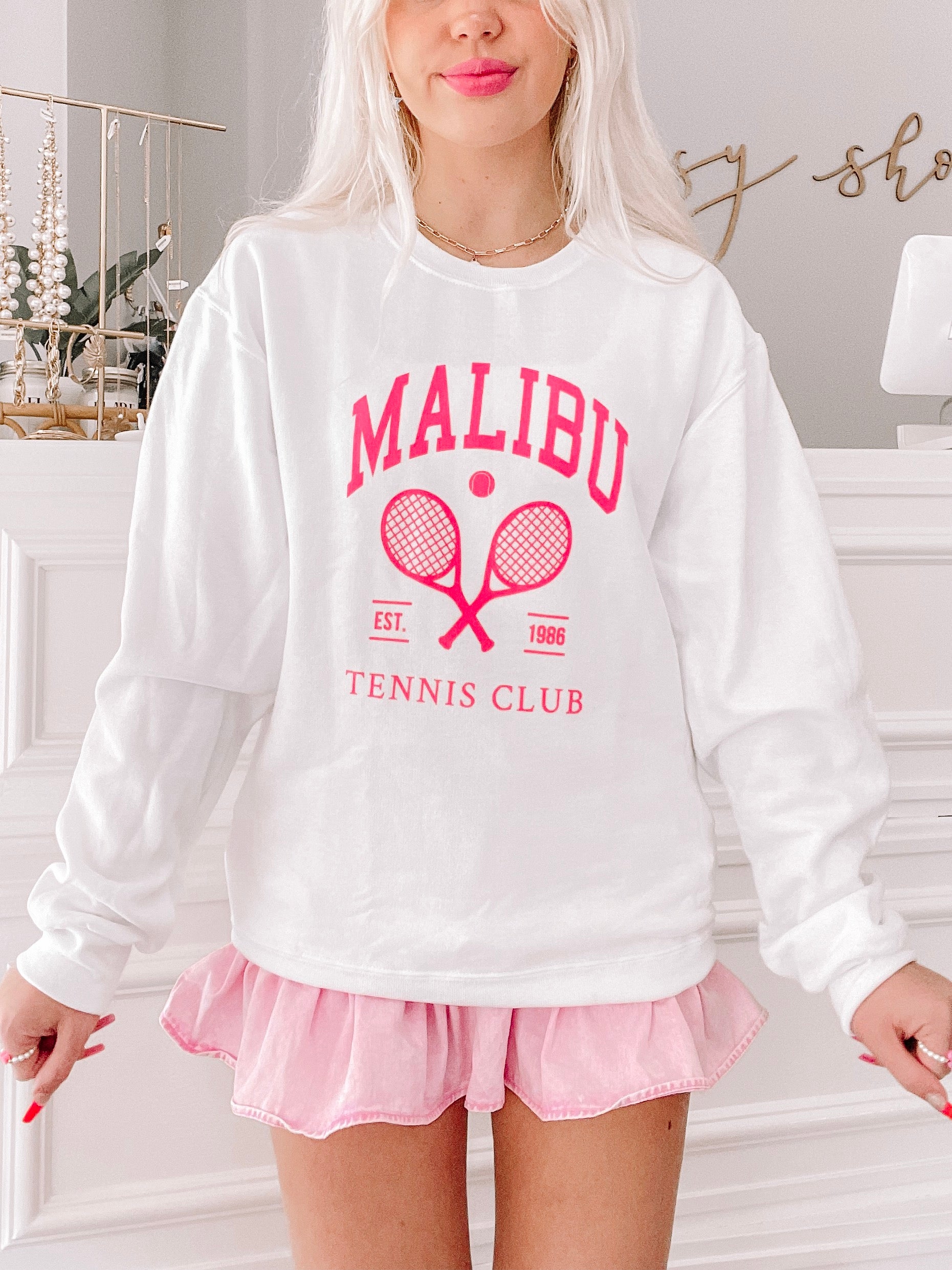 Malibu Tennis Club White Crewneck | Sassy Shortcake Boutique | sassyshortcake.com