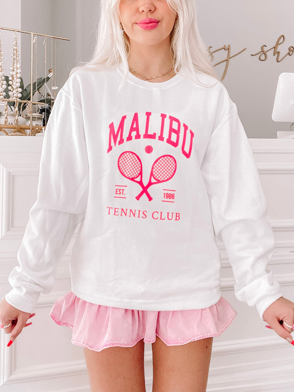 White Malibu Tennis Club crewneck sweatshirt with pink logo
