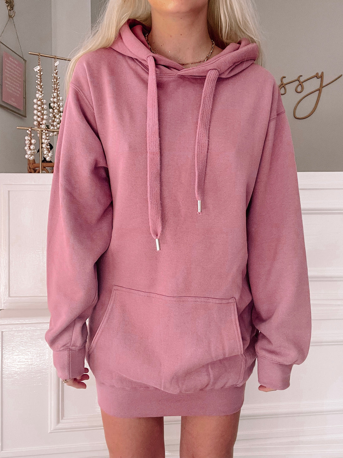 Dusty rose Pillowtalk sweatshirt dress with kangaroo pocket

