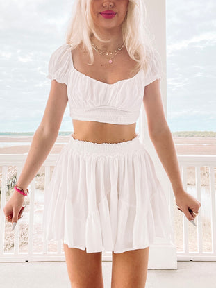 White Day Dreamer Set:  Cropped puff-sleeve top & tiered mini skirt.  Perfect summer outfit.

