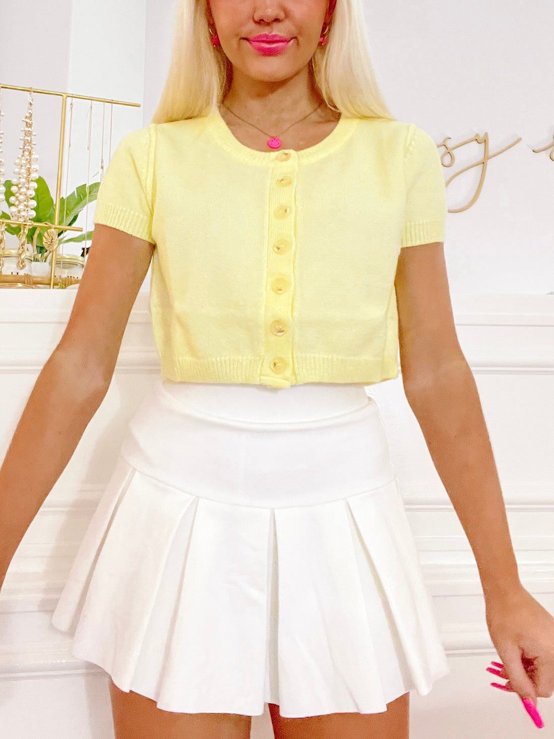 Yellow Kallie Cardigan: Short-sleeve, button-front knit cardigan.
