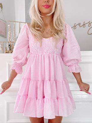 Pink gingham Pushin Pink tiered mini dress with puff sleeves
