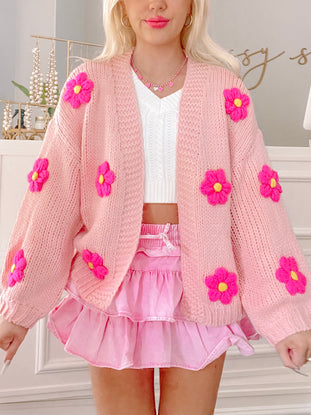 Pink Daisy Dream Cardigan with 3D flower accents
