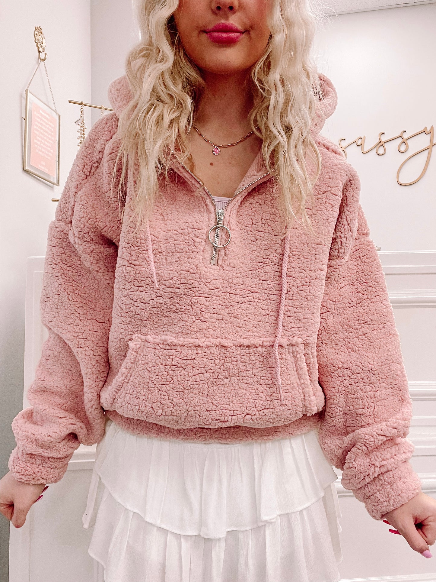 Liliana Quarter Zip Sherpa: Dusty rose sherpa pullover with quarter zip & kangaroo pocket.
