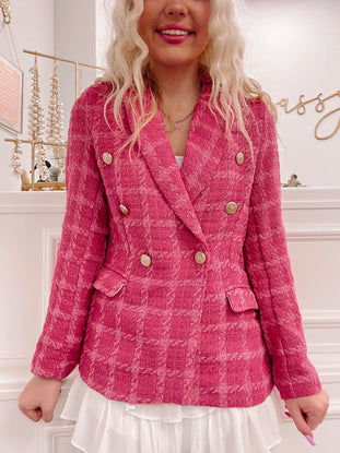 Pink tweed Gossip Girl blazer with gold buttons
