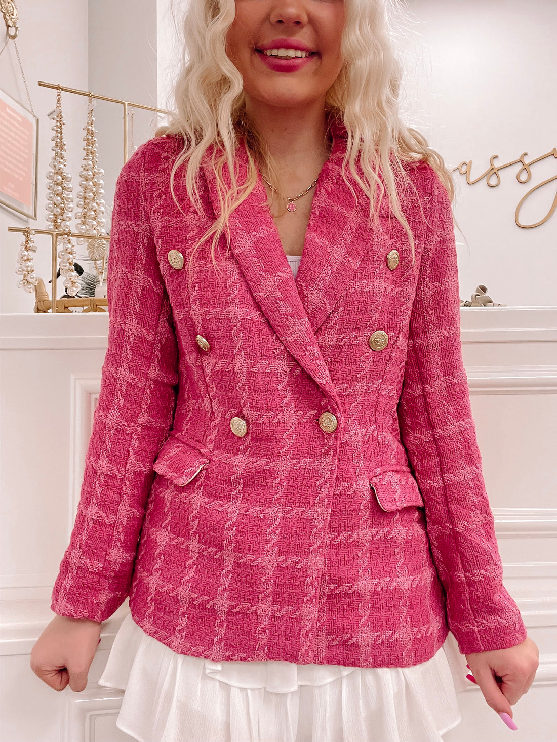 Pink tweed Gossip Girl blazer with gold buttons from Sassy Shortcake

