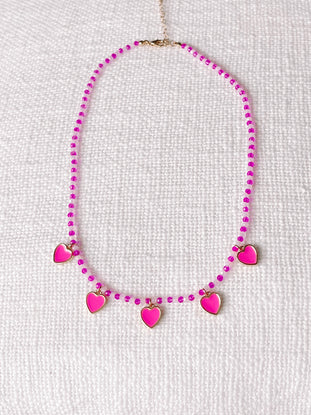 Candy Hearts necklace: Pink & white beaded chain with four pink enamel heart charms.
