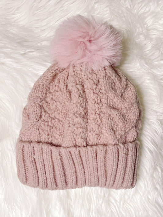 Pink cable knit Buffy beanie with fluffy pompom

