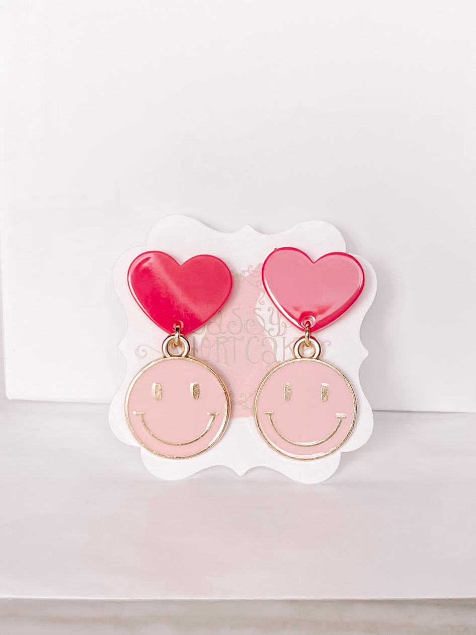 Pink & red heart and smiley face dangle earrings
