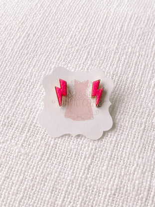 Pink Lightning Bolt Earrings with gold accents
