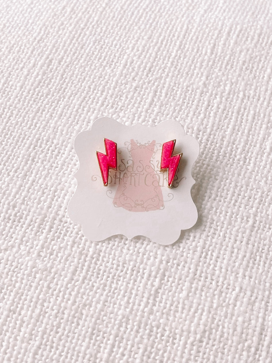 Pink Lightning Bolt Earrings with gold accents
