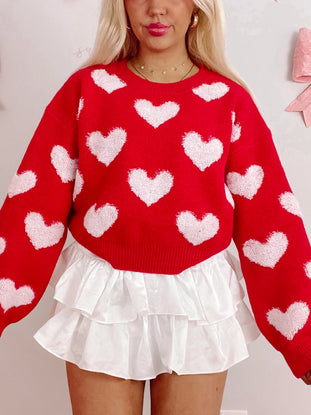 Red Heartfelt Sweater with fluffy white hearts
