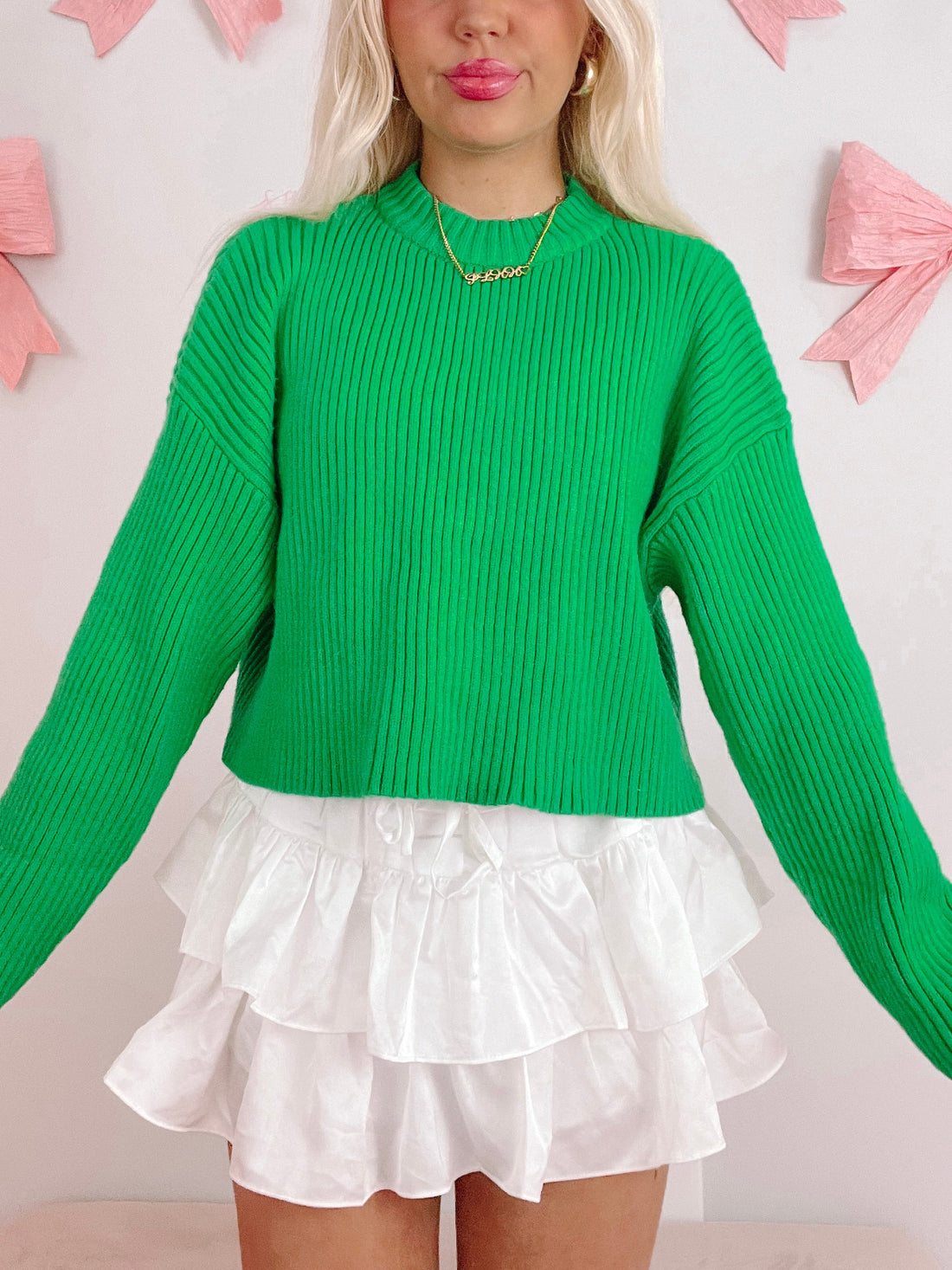 Bright green ribbed Lucky Charm sweater with a cropped fit from Sassy Shortcake
