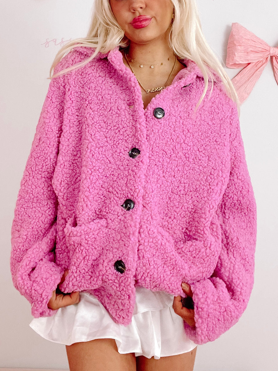 Billie pink sherpa shacket, button-front, cozy and warm.
