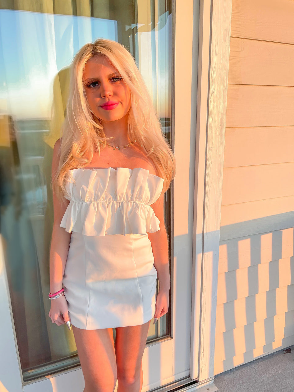 Material Girl white mini dress with ruffled bodice
