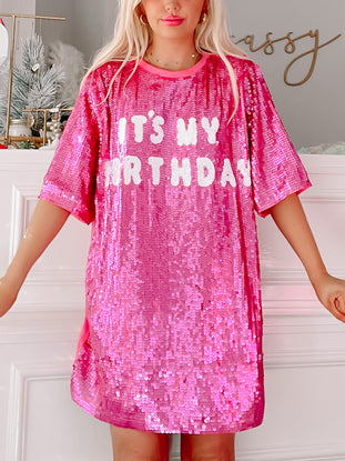 Pink sequin "It's My Birthday" dress for parties.

