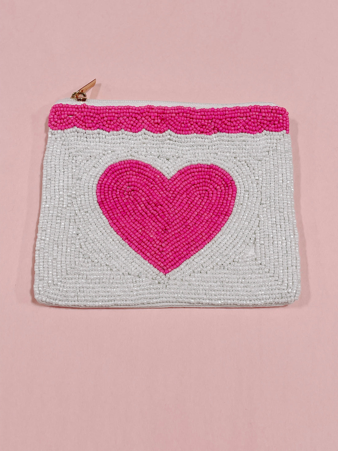 Beaded pouch with pink heart design, white background, zipper closure

