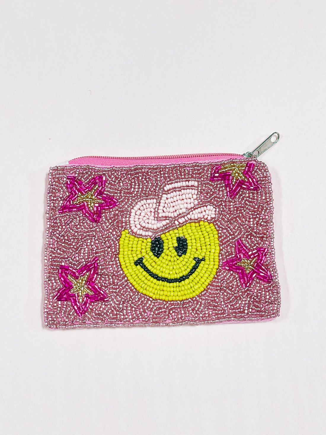 Pink beaded Smiley Cowgirl pouch with zipper closure

