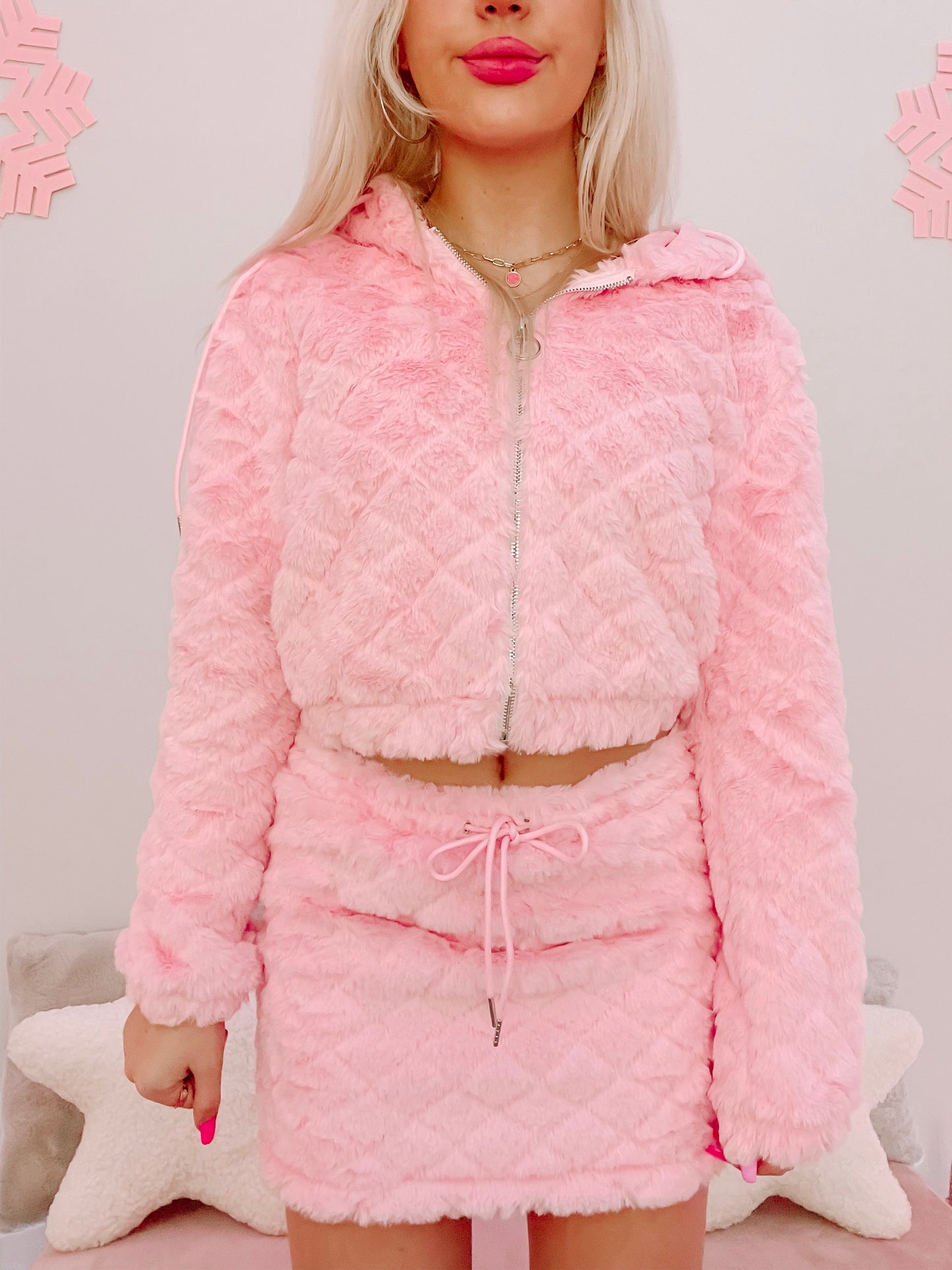 Pink fluffy Arctic Kiss skirt and matching zip-up jacket
