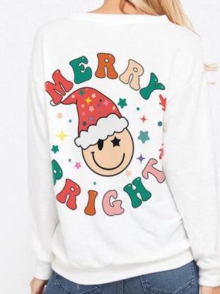 White Smiley Charms Merry Bright Christmas sweatshirt with colorful retro lettering and festive design.
