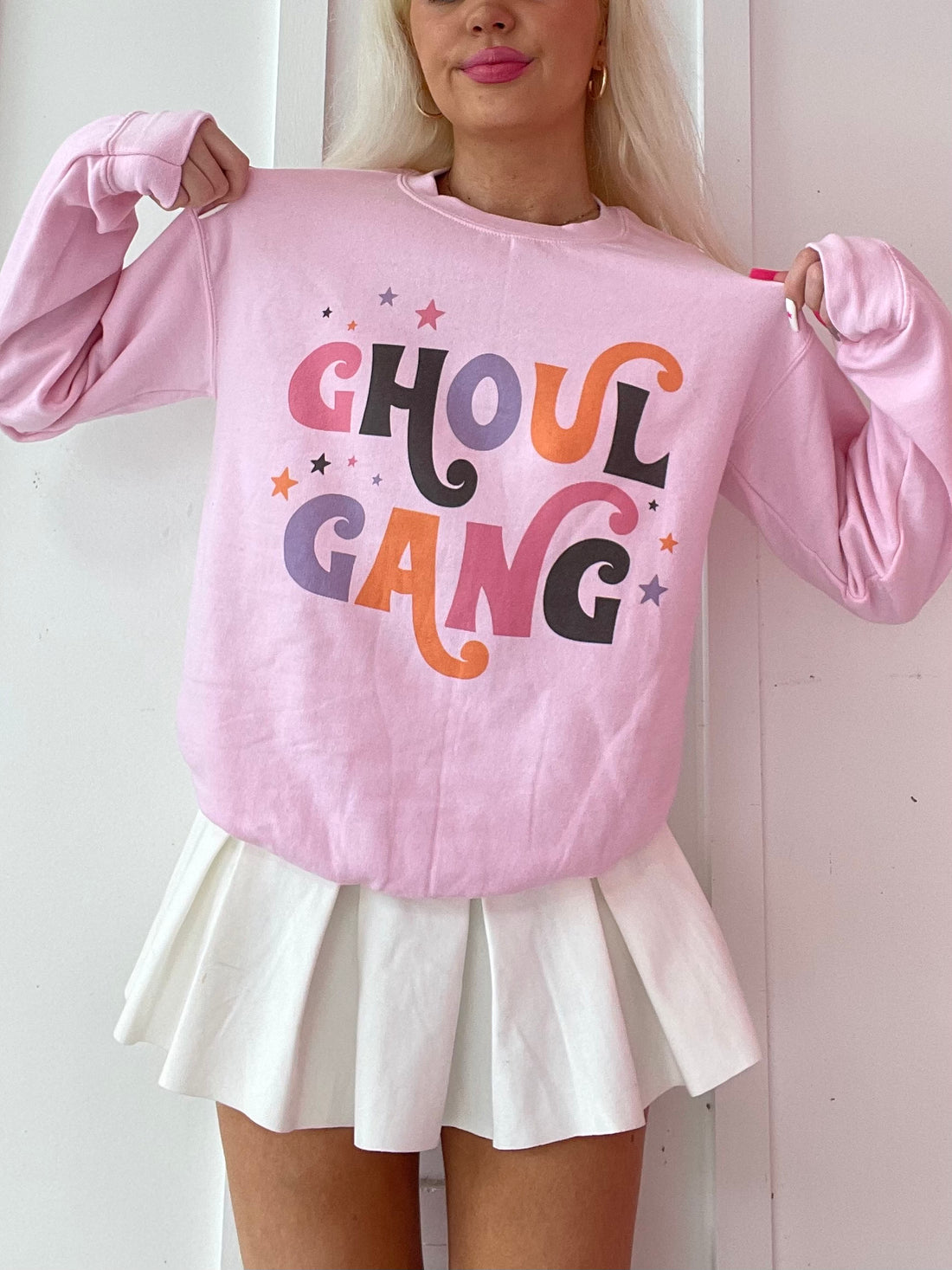 Pink crewneck sweatshirt with retro "Ghoul Gang" graphic and stars for Halloween from Sassy Shortcake
