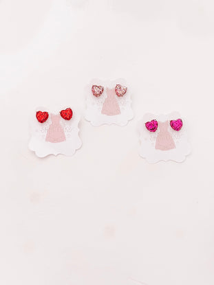 Sassy Shortcake Full of Love glitter heart earrings; red, pink & rose gold.
