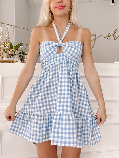 Darling Dorothy Dress: Blue gingham halter mini dress with tiered ruffle hem.
