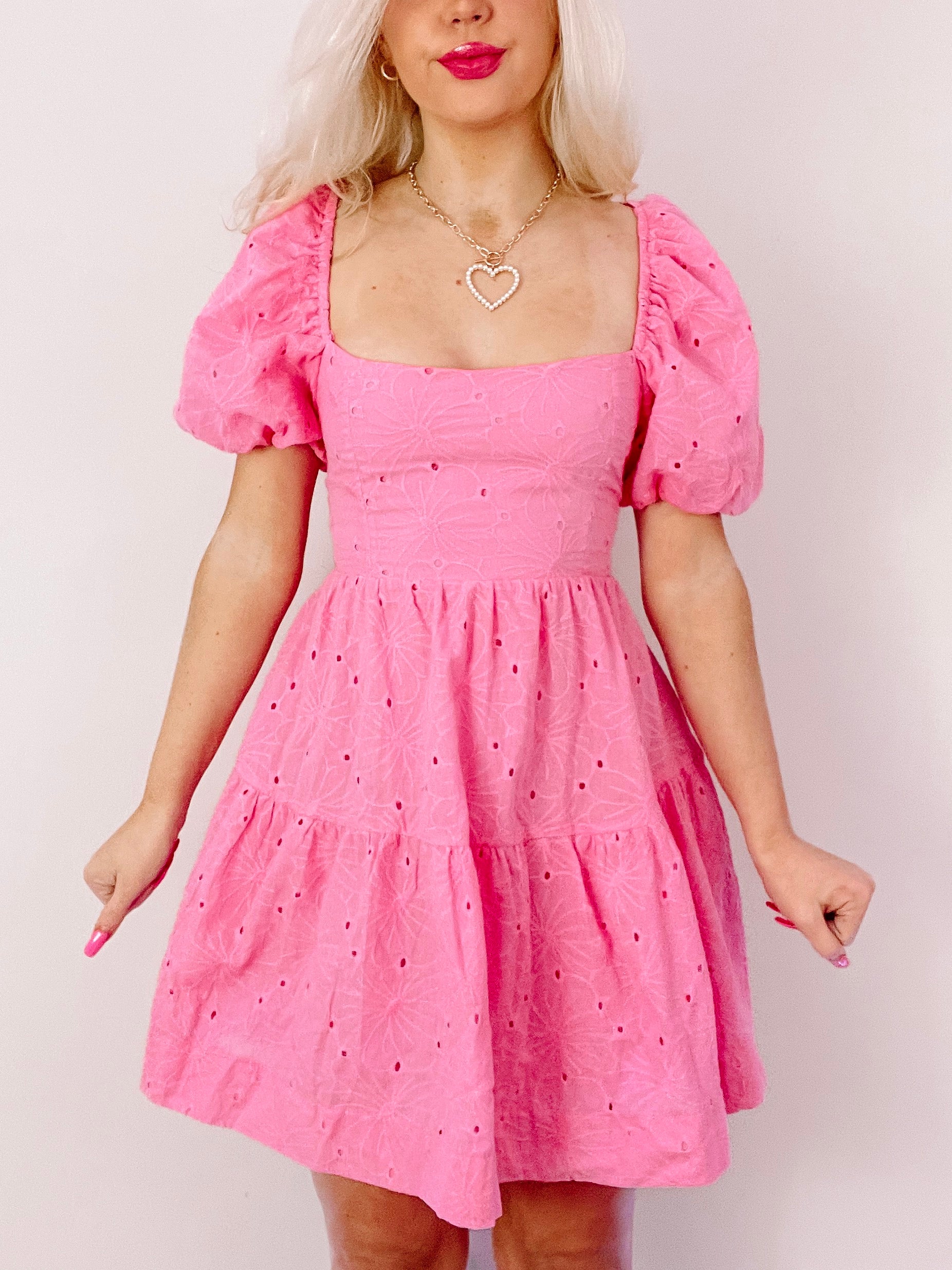 Pink Bubblegum Babe eyelet mini dress with puff sleeves
