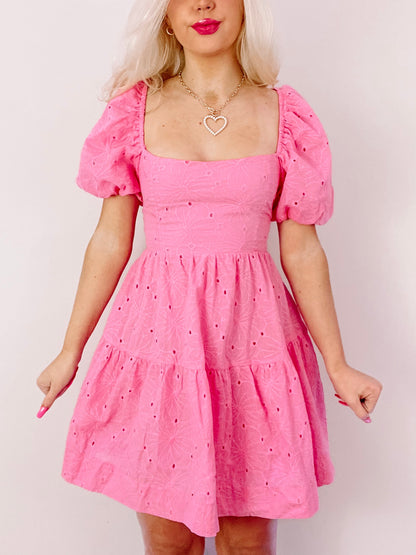 Pink Bubblegum Babe eyelet mini dress with puff sleeves
