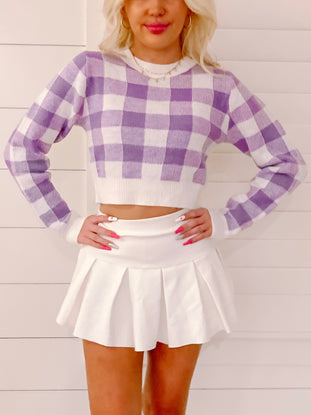 Purple and white gingham Cara cropped sweater