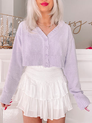 London Lilac Cropped Cardigan with heart buttons
