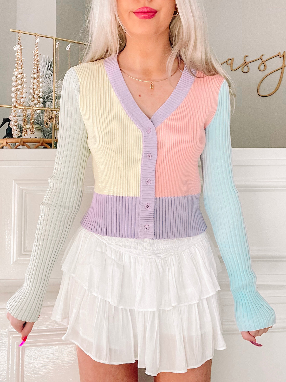 Pastel Perfection Cardigan:  Soft pastel color-block ribbed knit cardigan with button closure.
