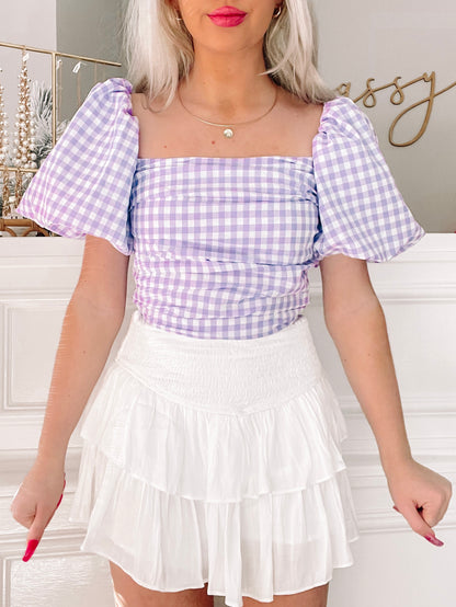 Leighton Top in lavender gingham with puff sleeves
